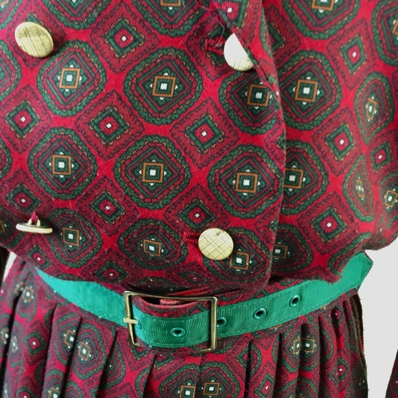 Vintage 70s 80s Schrader Sport Double Breasted Pleated Secretary Dress Red Green - Picture 10 of 10